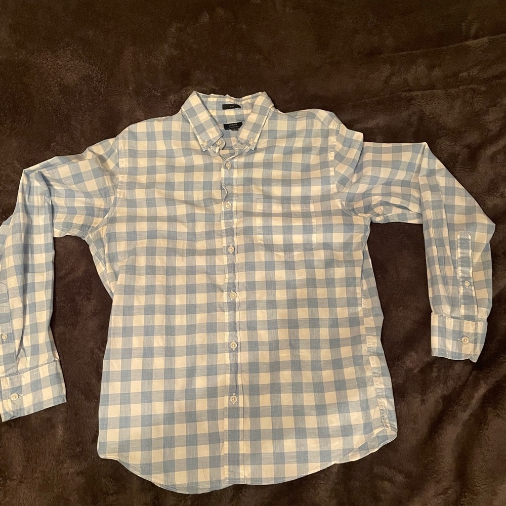 J-CREW mens medium checkered sky blue and white button down dress shirt